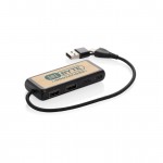 Hub USB de plástico reciclado y bambú con 4 puertos y cable dual color negro vista con logo