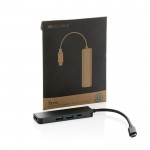 Hub de aluminio reciclado con varias conexiones y entrada HDMI color gris vista con caja