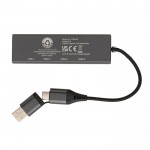 Hubs USB de plástico reciclado con 4 puertos color gris oscuro cuarta vista