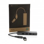 Hubs USB de plástico reciclado con 4 puertos color gris oscuro vista con caja