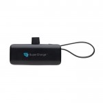 Powerbank portátil de plástico reciclado con cable tipo asa 3.000 mAh color negro vista con logo