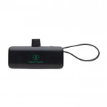 Batería externa con conector lightning y diversos puertos 3.000 mAh color negro vista con logo