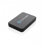 Batería externa de plástico reciclado con dos puertos 5.000 mAh color negro vista con logo