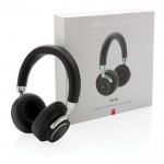 Auriculares de diadema con micrófono color negro vista con en caja