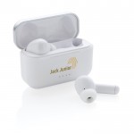 Auriculares de botón calidad premium color blanco vista con logo