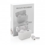 Auriculares de botón calidad premium color blanco vista con en caja