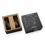 Auriculares plegables con cancelación de ruido y cojines suaves color negro vista con caja