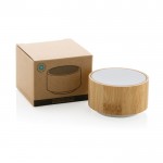 Altavoz inalámbrico redondo de bambú color blanco vista con caja