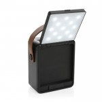 Altavoz inalámbrico con panel solar que incluye asa y lámpara LED color negro cuarta vista