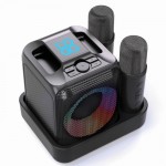 Set de karaoke de plástico reciclado con dos micros y altavoz 5W color negro segunda vista con logo