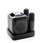 Set de karaoke de plástico reciclado con dos micros y altavoz 5W color negro vista de impresión