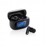 Auriculares inalámbricos con pantalla táctil y función llamada color negro vista con logo