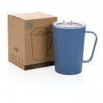 Taza térmica de acero reciclado con asa color azul vista con en caja