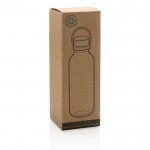 Botella de plástico reciclado tapón de bambú color transparente segunda vista con en caja