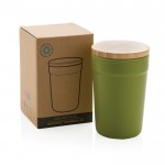 Taza térmica promocional con tapa de bambú color verde oscuro vista con caja