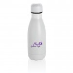 Botella termo de acero pequeña color blanco vista con logo