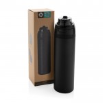 Botella de acero inoxidable reciclado de doble pared de 700ml color negro vista con caja