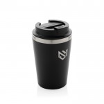 Taza térmica de doble pared ecológica con tapa antigoteo de 350ml color negro vista con logo