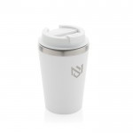 Taza térmica de doble pared ecológica con tapa antigoteo de 350ml color blanco vista con logo