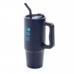 Botella térmica de acero inoxidable reciclado con pajita 900ml color azul marino vista de impresión