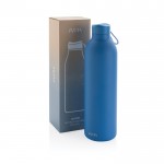 Botella de acero inoxidable de gran capacidad color azul vista con caja