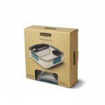 Fiambrera con recipientes en el interior y tenedor Black+Blum 1L color turquesa vista con caja