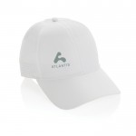 Gorra deportiva de RPET con 6 paneles y ajuste trasero de hebilla color blanco vista con logo