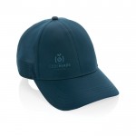 Gorra deportiva de RPET con 6 paneles y ajuste trasero de hebilla color azul marino vista con logo