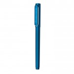 Bolígrafo con tinta de escritura suave color azul vista con logo