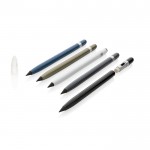 Bolígrafo sin tinta de aluminio con goma color azul vista general