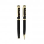 Set de bolígrafos latón reciclado con detalle dorado tinta azul color negro vista con logo