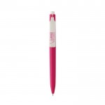 Bolígrafo de plástico reciclado con tinta ultradeslizante escritura azul color rosa vista con logo