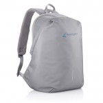 Mochila antirrobo con bolsillos RFID color gris vista con logo