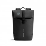 Mochila multiusos con tejido resistente al gua y solapa PC 16” color negro vista con logo