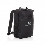 Mochila de RPET con bolsillo frontal para PC 15” Swiss Peak color negro vista con logo
