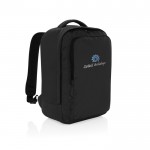 Mochila de RPET para viajar con capacidad para 19L y asa superior color negro vista con logo