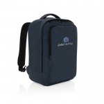 Mochila de RPET para viajar con capacidad para 19L y asa superior color azul marino vista con logo