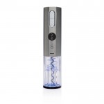 Abridor de vino eléctrico de acero inox que se recarga por USB color gris vista con logo