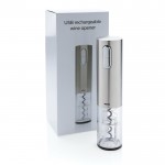 Abridor de vino eléctrico de acero inox que se recarga por USB color gris vista con caja
