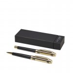 Set de bolígrafo y roller con acabado de cromado dorado tinta azul vista principal