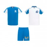 Conjunto deportivo de poliéster unisex con 2 camisetas 140 g/m2 Roly color blanco/azul vista impresión serigrafía