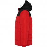 Chaqueta unisex bicolor estilo plumón de poliéster con capucha Roly color rojo vista lateral