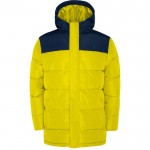 Chaqueta unisex bicolor estilo plumón de poliéster con capucha Roly color amarillo
