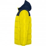 Chaqueta unisex bicolor estilo plumón de poliéster con capucha Roly color amarillo vista lateral