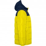 Chaqueta unisex bicolor estilo plumón de poliéster con capucha Roly color amarillo segunda vista lateral