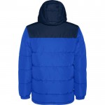 Chaqueta unisex bicolor estilo plumón de poliéster con capucha Roly color azul real segunda vista trasera