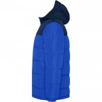 Chaqueta unisex bicolor estilo plumón de poliéster con capucha Roly color azul real vista lateral