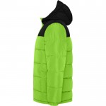 Chaqueta unisex bicolor estilo plumón de poliéster con capucha Roly color verde lima vista lateral