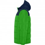 Chaqueta unisex bicolor estilo plumón de poliéster con capucha Roly color verde bosque vista lateral