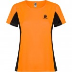 Camiseta deportiva de poliéster para mujer bicolor 140 g/m2 Roly color naranja fluorescente vista impresión serigrafía